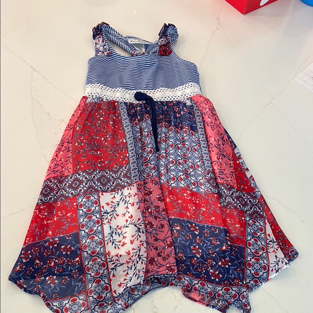 Jona Michelle Striped and Floral Patchwork Dress - Red and Blue